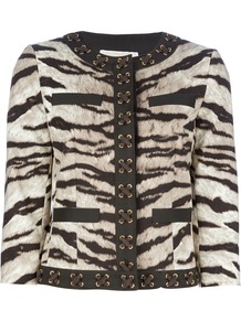 'Samburu' Tiger Print Jacket - collar: round collar/collarless; style: boxy; secondary colour: ivory; predominant colour: chocolate brown; occasions: casual, evening, work; length: standard; fit: straight cut (boxy); fibres: cotton - stretch; sleeve length: 3/4 length; sleeve style: standard; collar break: high; pattern type: fabric; pattern size: standard; pattern: animal print; texture group: woven light midweight