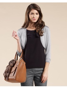Laila Lurex Shrug - pattern: plain; style: bolero/shrug; length: cropped; neckline: collarless open; predominant colour: silver; occasions: casual, evening, work; fit: standard fit; sleeve length: 3/4 length; sleeve style: standard; texture group: knits/crochet; trends: metallics; pattern type: knitted - fine stitch; fibres: viscose/rayon - mix