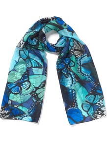 Holly Blue Scarf - predominant colour: navy; secondary colour: turquoise; occasions: casual, evening, work, holiday; type of pattern: heavy; style: regular; size: standard; material: silk; pattern: patterned/print