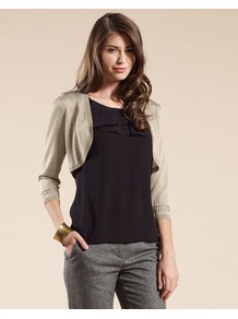 Laila Lurex Shrug - pattern: plain; style: bolero/shrug; length: cropped; neckline: collarless open; predominant colour: gold; occasions: casual, evening; fit: standard fit; sleeve length: 3/4 length; sleeve style: standard; texture group: knits/crochet; trends: metallics; pattern type: knitted - fine stitch; fibres: viscose/rayon - mix