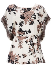 Stone Top - neckline: round neck; sleeve style: dolman/batwing; length: below the bottom; style: kaftan; waist detail: belted waist/tie at waist/drawstring; occasions: casual, evening, holiday; fibres: polyester/polyamide - 100%; fit: loose; predominant colour: multicoloured; sleeve length: short sleeve; texture group: silky - light; pattern type: fabric; pattern size: standard; pattern: florals