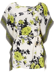 Lime Green Foral Top - neckline: round neck; sleeve style: dolman/batwing; length: below the bottom; style: kaftan; waist detail: belted waist/tie at waist/drawstring; secondary colour: white; predominant colour: lime; occasions: casual, evening, holiday; fibres: polyester/polyamide - 100%; fit: loose; sleeve length: short sleeve; texture group: silky - light; pattern type: fabric; pattern size: standard; pattern: florals
