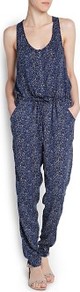 Zigzag Print Long Jumpsuit - sleeve style: standard vest straps/shoulder straps; fit: fitted at waist; waist detail: belted waist/tie at waist/drawstring; bust detail: buttons at bust (in middle at breastbone)/zip detail at bust; predominant colour: navy; secondary colour: nude; occasions: casual, evening, holiday; length: ankle length; neckline: scoop; fibres: viscose/rayon - 100%; hip detail: ruching/gathering at hip; sleeve length: sleeveless; texture group: cotton feel fabrics; style: jumpsuit; pattern type: fabric; pattern size: small & busy; pattern: patterned/print