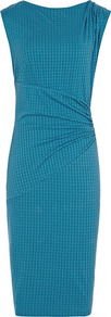 Salma Tile Effect Bodycon Dress - neckline: slash/boat neckline; fit: tight; sleeve style: sleeveless; style: bodycon; waist detail: twist front waist detail/nipped in at waist on one side/soft pleats/draping/ruching/gathering waist detail; predominant colour: turquoise; occasions: evening, occasion; length: on the knee; shoulder detail: flat/draping pleats/ruching/gathering at shoulder; sleeve length: sleeveless; texture group: jersey - clingy; pattern type: fabric; pattern size: standard; pattern: patterned/print; fibres: viscose/rayon - mix