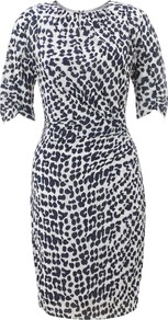 Jocelyn Safari Print Dress - style: shift; length: mid thigh; waist detail: twist front waist detail/nipped in at waist on one side/soft pleats/draping/ruching/gathering waist detail; bust detail: ruching/gathering/draping/layers/pintuck pleats at bust; secondary colour: white; predominant colour: navy; occasions: evening, work, occasion; fit: body skimming; fibres: silk - mix; neckline: crew; sleeve length: short sleeve; sleeve style: standard; texture group: silky - light; trends: statement prints, glamorous day shifts; pattern type: fabric; pattern size: small & busy; pattern: patterned/print