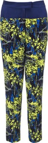 Tropical Flower Silk Trousers - length: standard; waist detail: wide waistband/cummerbund; waist: low rise; predominant colour: navy; secondary colour: yellow; occasions: casual, evening, holiday; fibres: silk - 100%; texture group: silky - light; fit: slim leg; pattern type: fabric; pattern size: standard; pattern: florals; style: standard