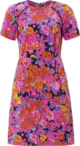 Victoria Floral Cotton Dress - style: tea dress; sleeve style: raglan; waist detail: fitted waist; hip detail: side pockets at hip; secondary colour: bright orange; occasions: evening, work, occasion, holiday; length: just above the knee; fit: fitted at waist & bust; fibres: cotton - 100%; neckline: crew; predominant colour: multicoloured; sleeve length: short sleeve; texture group: cotton feel fabrics; trends: high impact florals, glamorous day shifts, fluorescent; pattern type: fabric; pattern size: big & busy; pattern: florals