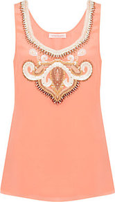 Embellished Tank Top - neckline: low v-neck; pattern: plain; sleeve style: sleeveless; bust detail: added detail/embellishment at bust; predominant colour: coral; occasions: casual, evening, occasion, holiday; length: standard; style: top; fibres: silk - 100%; fit: straight cut; sleeve length: sleeveless; texture group: sheer fabrics/chiffon/organza etc.; pattern type: fabric; embellishment: beading