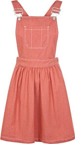 Petites Red Bib N Brace Dress - sleeve style: standard vest straps/shoulder straps; fit: fitted at waist; pattern: plain; bust detail: pocket detail at bust; style: dungaree dress; back detail: low cut/open back; waist detail: twist front waist detail/nipped in at waist on one side/soft pleats/draping/ruching/gathering waist detail; predominant colour: terracotta; occasions: casual, holiday; length: just above the knee; fibres: cotton - 100%; hip detail: soft pleats at hip/draping at hip/flared at hip; sleeve length: sleeveless; texture group: denim; neckline: medium square neck; pattern type: fabric