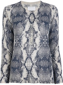 Snake Print Top - neckline: round neck; bust detail: buttons at bust (in middle at breastbone)/zip detail at bust; secondary colour: ivory; predominant colour: navy; occasions: casual, work; length: standard; style: top; fibres: linen - mix; fit: body skimming; sleeve length: long sleeve; sleeve style: standard; trends: statement prints; pattern type: fabric; pattern size: big & busy; pattern: animal print; texture group: jersey - stretchy/drapey