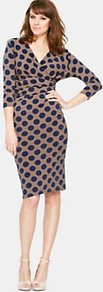 Petite Printed Jersey Dress - style: faux wrap/wrap; neckline: low v-neck; pattern: polka dot; waist detail: twist front waist detail/nipped in at waist on one side/soft pleats/draping/ruching/gathering waist detail; secondary colour: navy; predominant colour: taupe; occasions: casual, evening, occasion; length: on the knee; fit: body skimming; fibres: polyester/polyamide - 100%; sleeve length: 3/4 length; sleeve style: standard; texture group: jersey - clingy; trends: statement prints; pattern type: fabric; pattern size: big & busy