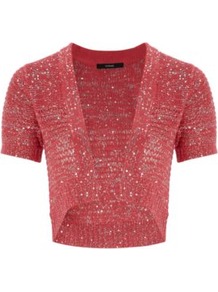Sequin Shrug Lipstick - pattern: plain; length: cropped; neckline: collarless open; style: open front; predominant colour: true red; occasions: casual, occasion; fibres: acrylic - mix; fit: standard fit; sleeve length: short sleeve; sleeve style: standard; texture group: knits/crochet; pattern type: knitted - other; embellishment: sequins