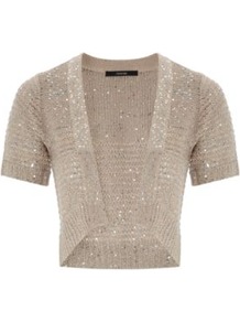 Sequin Shrug Wheat - pattern: plain; length: cropped; neckline: collarless open; style: open front; predominant colour: stone; occasions: casual, evening; fibres: acrylic - mix; fit: standard fit; sleeve length: short sleeve; sleeve style: standard; texture group: knits/crochet; pattern type: knitted - other; embellishment: sequins