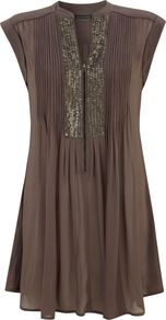 Mocha Sequin Yoke Tunic, Brown - neckline: v-neck; pattern: plain; sleeve style: sleeveless; length: below the bottom; style: tunic; bust detail: ruching/gathering/draping/layers/pintuck pleats at bust; predominant colour: chocolate brown; secondary colour: gold; occasions: casual, evening, holiday; fibres: viscose/rayon - 100%; fit: loose; sleeve length: sleeveless; texture group: cotton feel fabrics; pattern type: fabric; embellishment: sequins
