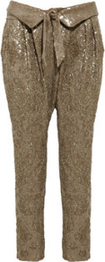 Embellished Silk Pants - length: standard; pattern: plain; style: harem/slouch; waist: low rise; pocket detail: pockets at the sides; waist detail: belted waist/tie at waist/drawstring; predominant colour: champagne; occasions: evening, occasion; fibres: silk - 100%; hip detail: front pleats at hip level; trends: metallics; fit: tapered; pattern type: fabric; texture group: woven light midweight; embellishment: sequins