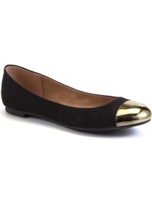 Black And Gold Metal Toe Cap Pumps - secondary colour: gold; predominant colour: black; occasions: casual, evening, work; material: suede; heel height: flat; toe: round toe; style: ballerinas / pumps; trends: metallics; finish: plain; pattern: plain; embellishment: toe cap