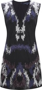 Pendragon Beading Dress - style: shift; length: mini; neckline: v-neck; sleeve style: sleeveless; secondary colour: navy; predominant colour: black; occasions: evening, occasion; fit: body skimming; fibres: cotton - 100%; sleeve length: sleeveless; pattern type: fabric; pattern size: small & busy; pattern: patterned/print; texture group: other - light to midweight; embellishment: beading