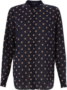 Berry Voile Shirt - length: below the bottom; style: shirt; predominant colour: navy; secondary colour: camel; occasions: casual, evening, work; neckline: collarstand; fibres: cotton - 100%; fit: loose; sleeve length: long sleeve; sleeve style: standard; texture group: cotton feel fabrics; pattern type: fabric; pattern size: small & busy; pattern: patterned/print; embellishment: embroidered