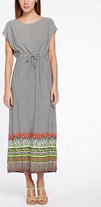 Poppy Field Maxi - neckline: round neck; fit: fitted at waist; style: maxi dress; length: ankle length; waist detail: belted waist/tie at waist/drawstring; secondary colour: bright orange; predominant colour: mid grey; occasions: casual, holiday; fibres: viscose/rayon - 100%; sleeve length: short sleeve; sleeve style: standard; pattern type: fabric; pattern size: small & busy; pattern: patterned/print; texture group: other - light to midweight