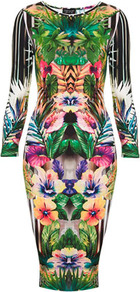 Botanical Floral Bodycon Dress - neckline: round neck; fit: tight; style: bodycon; secondary colour: emerald green; occasions: evening, occasion; length: on the knee; fibres: polyester/polyamide - stretch; predominant colour: multicoloured; sleeve length: 3/4 length; sleeve style: standard; texture group: jersey - clingy; pattern type: fabric; pattern size: big & busy; pattern: patterned/print