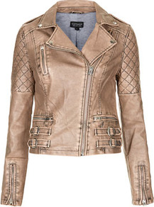 Nude Quilted Biker Jacket - pattern: plain; style: biker; collar: asymmetric biker; fit: slim fit; predominant colour: taupe; secondary colour: charcoal; occasions: casual; length: standard; fibres: polyester/polyamide - 100%; sleeve length: long sleeve; sleeve style: standard; texture group: leather; collar break: high/illusion of break when open; pattern type: fabric; embellishment: quilted