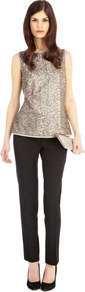 Odella Sequin Top - neckline: round neck; pattern: plain; sleeve style: sleeveless; back detail: low cut/open back; predominant colour: taupe; occasions: evening, occasion; length: standard; style: top; fit: body skimming; sleeve length: sleeveless; trends: metallics; pattern type: fabric; texture group: other - light to midweight; embellishment: sequins; fibres: cashmere - stretch