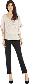 Lauren Calla Top - neckline: cowl/draped neck; sleeve style: angel/waterfall; pattern: plain; style: blouson; bust detail: ruching/gathering/draping/layers/pintuck pleats at bust; predominant colour: blush; secondary colour: gold; occasions: evening, occasion, holiday; length: standard; fibres: polyester/polyamide - 100%; fit: loose; sleeve length: half sleeve; texture group: sheer fabrics/chiffon/organza etc.; pattern type: fabric; embellishment: sequins