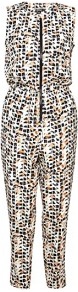 Safari Geometric Printed Silk Jumpsuit - length: standard; neckline: round neck; fit: fitted at waist; sleeve style: sleeveless; waist detail: elasticated waist; bust detail: buttons at bust (in middle at breastbone)/zip detail at bust; secondary colour: black; occasions: casual, evening, holiday; predominant colour: multicoloured; sleeve length: sleeveless; texture group: silky - light; trends: modern geometrics; style: jumpsuit; pattern type: fabric; pattern size: small & busy; pattern: patterned/print; fibres: silk - stretch