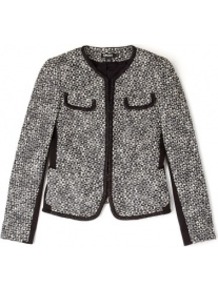 Jacquard Jacket With Contrast Trim - pattern: plain; collar: round collar/collarless; style: boxy; predominant colour: mid grey; secondary colour: black; occasions: casual, evening, work; length: standard; fit: straight cut (boxy); fibres: cotton - mix; sleeve length: long sleeve; sleeve style: standard; collar break: high; pattern type: fabric; texture group: tweed - light/midweight