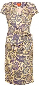 Triffids Print Wrap Dress - style: faux wrap/wrap; neckline: low v-neck; fit: fitted at waist; waist detail: twist front waist detail/nipped in at waist on one side/soft pleats/draping/ruching/gathering waist detail; secondary colour: lilac; occasions: casual, evening, work; length: on the knee; fibres: viscose/rayon - 100%; hip detail: ruching/gathering at hip; predominant colour: multicoloured; sleeve length: short sleeve; sleeve style: standard; trends: statement prints; pattern type: fabric; pattern size: big & busy; pattern: patterned/print; texture group: jersey - stretchy/drapey