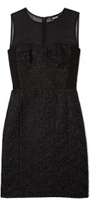 Sleeveless Mixed Media Dress - style: shift; length: mid thigh; neckline: round neck; fit: tailored/fitted; pattern: plain; sleeve style: sleeveless; waist detail: fitted waist; shoulder detail: contrast pattern/fabric at shoulder; predominant colour: black; occasions: evening, occasion; fibres: nylon - mix; sleeve length: sleeveless; texture group: structured shiny - satin/tafetta/silk etc.; pattern type: fabric; pattern size: standard; embellishment: embroidered