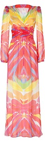 Silk Tie Gown In Watercolor Print - neckline: low v-neck; style: maxi dress; waist detail: fitted waist; predominant colour: true red; secondary colour: yellow; occasions: evening, occasion, holiday; length: floor length; fit: fitted at waist & bust; fibres: silk - 100%; hip detail: soft pleats at hip/draping at hip/flared at hip; shoulder detail: flat/draping pleats/ruching/gathering at shoulder; sleeve length: long sleeve; sleeve style: standard; trends: statement prints; pattern type: fabric; pattern size: big & busy; pattern: patterned/print; texture group: jersey - stretchy/drapey