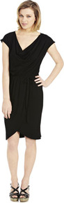Cowl Neck Jersey Dress - style: faux wrap/wrap; neckline: low v-neck; sleeve style: capped; pattern: plain; waist detail: twist front waist detail/nipped in at waist on one side/soft pleats/draping/ruching/gathering waist detail; bust detail: ruching/gathering/draping/layers/pintuck pleats at bust; predominant colour: black; occasions: evening; length: just above the knee; fit: body skimming; fibres: viscose/rayon - stretch; hip detail: ruching/gathering at hip; sleeve length: short sleeve; pattern type: fabric; texture group: jersey - stretchy/drapey