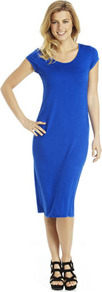 Midi Tube Dress - style: t-shirt; length: below the knee; neckline: round neck; sleeve style: capped; pattern: plain; predominant colour: royal blue; occasions: casual, evening; fit: body skimming; fibres: viscose/rayon - stretch; sleeve length: short sleeve; pattern type: fabric; texture group: jersey - stretchy/drapey