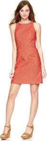 Geometric Sheath Dress - style: shift; fit: tailored/fitted; sleeve style: sleeveless; predominant colour: bright orange; occasions: casual, evening, occasion; length: just above the knee; fibres: cotton - stretch; neckline: crew; sleeve length: sleeveless; trends: glamorous day shifts; pattern type: fabric; pattern size: small & busy; pattern: patterned/print; texture group: woven light midweight
