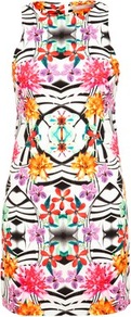 Tropical Print Racer Dress - style: shift; length: mini; neckline: round neck; fit: tailored/fitted; sleeve style: sleeveless; secondary colour: white; occasions: casual, occasion, holiday; fibres: polyester/polyamide - stretch; predominant colour: multicoloured; sleeve length: sleeveless; texture group: jersey - clingy; trends: statement prints; pattern type: fabric; pattern size: standard; pattern: patterned/print