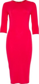 Hot Pink Sophia Dress - fit: tight; pattern: plain; style: bodycon; predominant colour: true red; occasions: evening, work, occasion; length: on the knee; fibres: viscose/rayon - stretch; neckline: crew; sleeve length: 3/4 length; sleeve style: standard; trends: glamorous day shifts; pattern type: fabric; texture group: jersey - stretchy/drapey