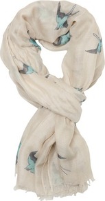 Print Bird Print Scarf - predominant colour: white; secondary colour: turquoise; occasions: casual, work; type of pattern: light; style: regular; size: standard; material: fabric; pattern: patterned/print