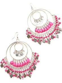 Multi Hoop Earrings, Pink - secondary colour: pink; predominant colour: silver; occasions: casual, evening, occasion; style: chandelier; length: long; size: large/oversized; material: chain/metal; fastening: pierced; finish: metallic; embellishment: beading