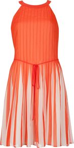 Women's Aza Stripe Pleated Dress, Orange - length: mid thigh; pattern: plain; sleeve style: sleeveless; neckline: halter neck; waist detail: belted waist/tie at waist/drawstring; secondary colour: ivory; predominant colour: bright orange; occasions: evening, occasion; fit: fitted at waist & bust; style: fit & flare; fibres: polyester/polyamide - 100%; hip detail: structured pleats at hip; sleeve length: sleeveless; texture group: sheer fabrics/chiffon/organza etc.; bust detail: tiers/frills/bulky drapes/pleats; pattern type: fabric