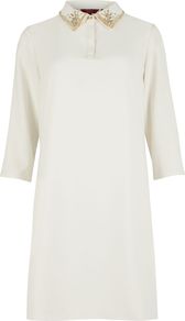 Women's Candece Embellished Shirt Dress, Ecru - style: shirt; length: mid thigh; neckline: shirt collar/peter pan/zip with opening; pattern: plain; predominant colour: ivory; occasions: casual, evening, occasion; fit: straight cut; fibres: polyester/polyamide - 100%; sleeve length: 3/4 length; sleeve style: standard; texture group: crepes; pattern type: fabric; embellishment: beading