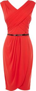 Women's Rene Jersey Dress, Orange - style: faux wrap/wrap; length: below the knee; neckline: v-neck; sleeve style: capped; pattern: plain; waist detail: belted waist/tie at waist/drawstring; predominant colour: bright orange; occasions: evening, occasion; fit: body skimming; fibres: polyester/polyamide - stretch; hip detail: soft pleats at hip/draping at hip/flared at hip; sleeve length: sleeveless; bust detail: tiers/frills/bulky drapes/pleats; pattern type: fabric; texture group: jersey - stretchy/drapey