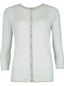 Women's Woolma Metallic Cardigan, Mint - neckline: round neck; pattern: plain; back detail: contrast pattern/fabric at back; predominant colour: pistachio; occasions: casual, evening, work; length: standard; style: standard; fibres: cotton - stretch; fit: standard fit; bust detail: contrast pattern/fabric/detail at bust; sleeve length: 3/4 length; sleeve style: standard; texture group: knits/crochet; pattern type: knitted - other