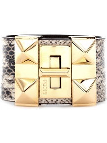 Snakeskin Studded Cuff Bracelet - predominant colour: gold; secondary colour: charcoal; occasions: evening, work, occasion, holiday; style: cuff; size: large/oversized; material: leather; finish: plain; embellishment: chain/metal