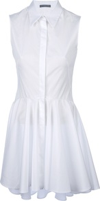 Sleeveless Shirt Dress - style: shirt; length: mid thigh; neckline: shirt collar/peter pan/zip with opening; fit: tailored/fitted; pattern: plain; sleeve style: sleeveless; predominant colour: white; occasions: casual, evening; fibres: cotton - 100%; hip detail: soft pleats at hip/draping at hip/flared at hip; back detail: longer hem at back than at front; sleeve length: sleeveless; texture group: cotton feel fabrics; pattern type: fabric