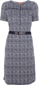 Printed Dress - style: shift; neckline: round neck; fit: tailored/fitted; pattern: polka dot; waist detail: belted waist/tie at waist/drawstring; bust detail: buttons at bust (in middle at breastbone)/zip detail at bust; secondary colour: white; predominant colour: navy; occasions: casual, work; length: on the knee; fibres: silk - 100%; sleeve length: short sleeve; sleeve style: standard; texture group: structured shiny - satin/tafetta/silk etc.; pattern type: fabric; pattern size: small & busy