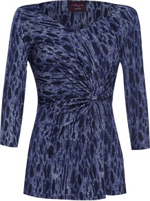 Mia Top, Snake Indigo - neckline: v-neck; waist detail: twist front waist detail/nipped in at waist on one side/soft pleats/draping/ruching/gathering waist detail; predominant colour: navy; secondary colour: black; occasions: evening, work, occasion; length: standard; style: top; fibres: viscose/rayon - 100%; fit: body skimming; sleeve length: 3/4 length; sleeve style: standard; trends: statement prints; pattern type: fabric; pattern size: small & busy; pattern: animal print; texture group: jersey - stretchy/drapey