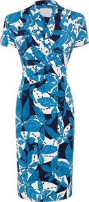 Isabella Dress, Leaves Blue - style: faux wrap/wrap; length: below the knee; neckline: v-neck; fit: tailored/fitted; secondary colour: white; predominant colour: diva blue; occasions: casual, work, occasion; fibres: viscose/rayon - 100%; sleeve length: short sleeve; sleeve style: standard; trends: statement prints; pattern type: fabric; pattern size: big & busy; pattern: patterned/print; texture group: jersey - stretchy/drapey