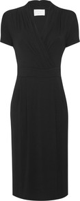 Isabella Dress, Black - style: shift; length: below the knee; neckline: v-neck; fit: tailored/fitted; pattern: plain; predominant colour: black; occasions: casual, evening, work; fibres: viscose/rayon - 100%; sleeve length: short sleeve; sleeve style: standard; pattern type: fabric; texture group: jersey - stretchy/drapey
