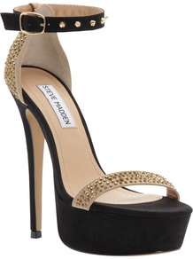 Reality Platform Heels, Black/Gold - secondary colour: stone; predominant colour: black; occasions: evening, occasion; material: leather; embellishment: crystals; ankle detail: ankle strap; heel: stiletto; toe: open toe/peeptoe; style: strappy; trends: metallics; finish: plain; pattern: plain; heel height: very high